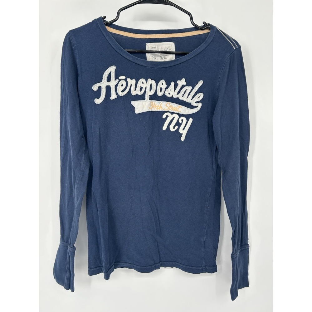 Y2K Aeropostale Blue‎ NY Long Sleeve Shirt Sz L Stretch Fitted Retro 34th Street